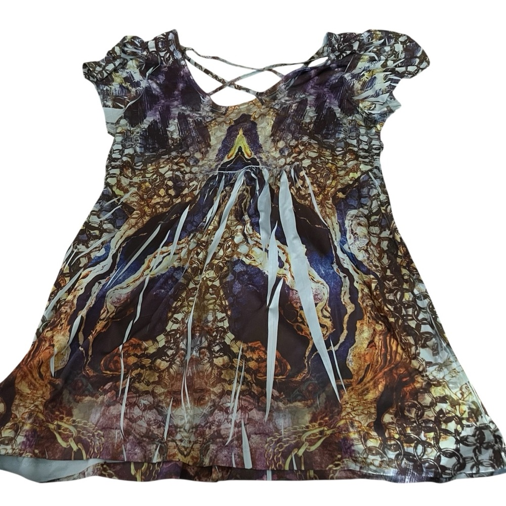 Blue print swim cover up mini dress , short sleeve cross cross front & back